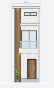 “10x40 house front elevation (actual 9x40 ft with rear width 7.83 ft) ultra-narrow modern façade featuring vertical wooden cladding, balcony with glass railing, premium LED strip lighting, sliding glass windows, minimalist entrance steps, compact G+1/G+2 front design for small 9 ft plot width, clean white texture and stylish architectural detailing – Buildingo”