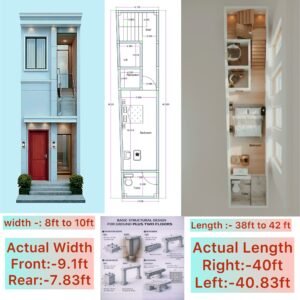 “10×40 house plan combo (actual width front 9.1 ft, rear 7.83 ft, actual length 40 ft) containing modern 3D front elevation, detailed 3D floor plan with bedroom, toilet, lift, staircase, reception area, and long corridor layout, complete 2D building plan with dimensions, and basic structural design for footing, column, beam, and slab — perfect ultra-narrow home design for small plots – Buildingo.in”