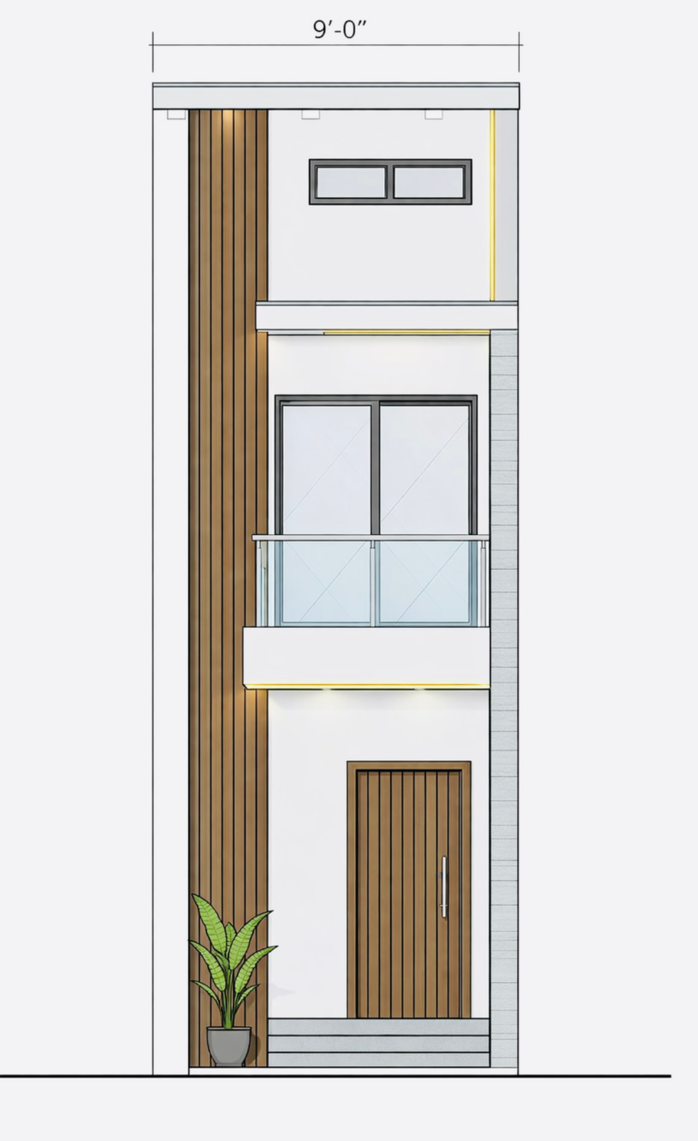 “10x40 house front elevation (actual 9x40 ft with rear width 7.83 ft) ultra-narrow modern façade featuring vertical wooden cladding, balcony with glass railing, premium LED strip lighting, sliding glass windows, minimalist entrance steps, compact G+1/G+2 front design for small 9 ft plot width, clean white texture and stylish architectural detailing – Buildingo”