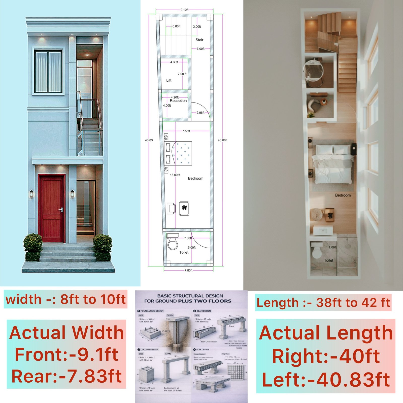 Complete combo sheet of narrow plot house including 2D plan, 3D plan, front elevation and G+2 structural design