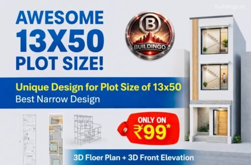 Promotional featured image for 13x50 narrow plot house design showing bold text "Awesome 13x50 Plot Size", modern G+2 front elevation preview, 2D floor plan, 3D floor plan, structural drawing preview, and price tag only ₹99 with buildingo.in branding.