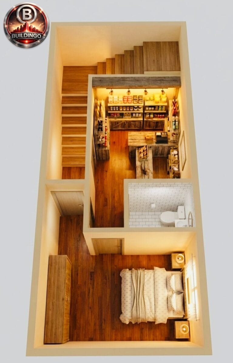 “13x31 3D floor plan showing bedroom, attached toilet, staircase area, and a small shop space at the front with wooden interiors, display shelves, modern lighting, and Buildingo.in branding.”