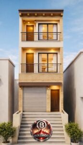 “13 feet wide modern 3D front elevation design with shop on ground floor, rolling shutter, side entrance door, double-floor balconies, warm lighting, brick texture façade, and Buildingo.in branding.”
