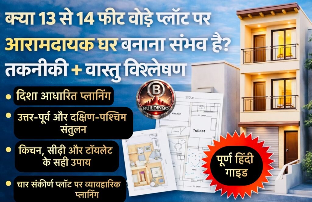 यह फीचर्ड इमेज 13 से 14 फीट चौड़े संकरे प्लॉट पर आधुनिक और आरामदायक घर निर्माण की संभावना को दर्शाती है। इमेज में दाईं ओर एक आधुनिक 3-मंजिला 3D फ्रंट एलिवेशन दिखाई गई है, जिसमें संकरे प्लॉट के अनुरूप कॉम्पैक्ट लेकिन संतुलित डिज़ाइन प्रदर्शित है। बाईं ओर शीर्षक में स्पष्ट रूप से लिखा है — “क्या 13 से 14 फीट चौड़े प्लॉट पर आरामदायक घर बनाना संभव है? तकनीकी + वास्तु विश्लेषण”। नीचे बुलेट पॉइंट्स में दिशा आधारित प्लानिंग, उत्तर-पूर्व प्रकाश संतुलन, दक्षिण-पश्चिम मास्टर बेडरूम लॉजिक, सीढ़ी और टॉयलेट की सही दिशा, तथा 4 संकरे प्लॉट के व्यावहारिक समाधान का उल्लेख है। सामने 2D और 3D फ्लोर प्लान छोटे आकार में दिखाए गए हैं, जो संकरी चौड़ाई के बावजूद प्रभावी स्पेस मैनेजमेंट को दर्शाते हैं। यह इमेज गूगल डिस्कवर और SEO ब्लॉग के लिए बनाई गई आकर्षक और तकनीकी जानकारी आधारित थंबनेल है।