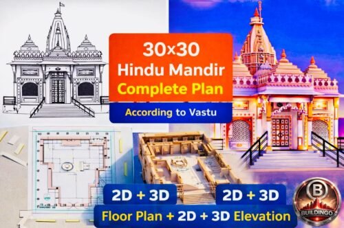 Featured thumbnail collage of 30x30 Hindu Mandir complete architectural plan designed according to Vastu Shastra, showcasing 2D floor plan, 3D floor plan, 2D front elevation, and 3D elevation rendering. The image combines traditional temple shikhara design with kalash and dhwaj, parikrama path layout, sanctum placement, Nandi alignment, and detailed façade elements. The thumbnail highlights “30x30 Hindu Mandir Complete Plan According to Vastu” along with “2D + 3D Floor Plan and Elevation” text overlay. The collage visually represents temple architecture principles, structural layout planning, symmetry, ornamental detailing, and modern rendering techniques integrated with ancient Hindu temple design concepts.