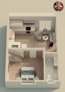 “15x20 house 3D floor plan with open kitchen, living area, bedroom, staircase design, and attached toilet; compact small-house layout rendered in realistic 3D with Buildingo.in branding.”