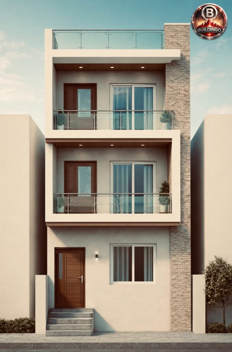 “Modern 15 feet wide 3-storey house 3D front elevation with balcony design, glass railing, stone cladding, recessed lighting, and wooden door—narrow front modern home exterior by Buildingo.in.”