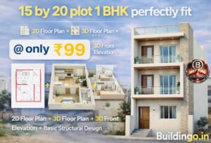 “15×20 house design combo including 2D floor plan, 3D floor plan, 3D front elevation, and basic structural design for 1BHK compact home; modern 3-storey elevation with stone cladding, glass railing, and wooden door – Buildingo.in.”