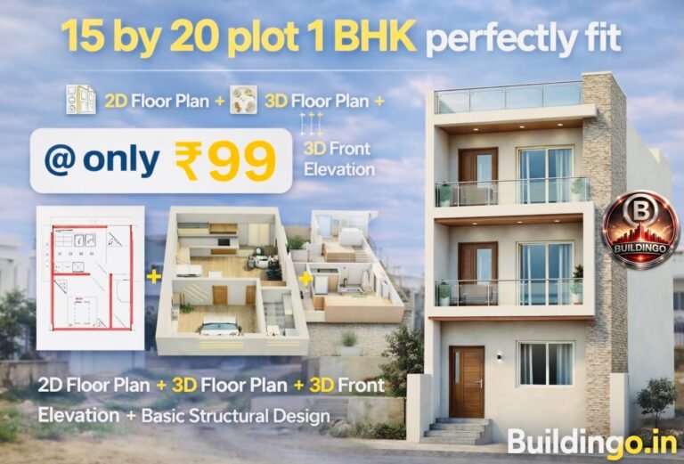 “15×20 house design combo including 2D floor plan, 3D floor plan, 3D front elevation, and basic structural design for 1BHK compact home; modern 3-storey elevation with stone cladding, glass railing, and wooden door – Buildingo.in.”