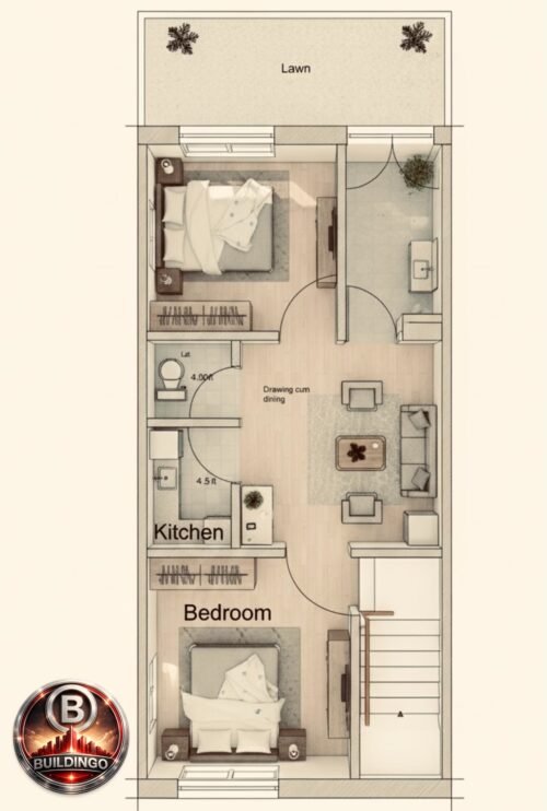 Realistic 3D floor plan interior visualization of a 15x36 feet 2BHK house showing furnished bedrooms, modular kitchen layout, drawing cum dining area with sofa and dining table, separate toilet and bathroom, internal staircase, and front lawn space.