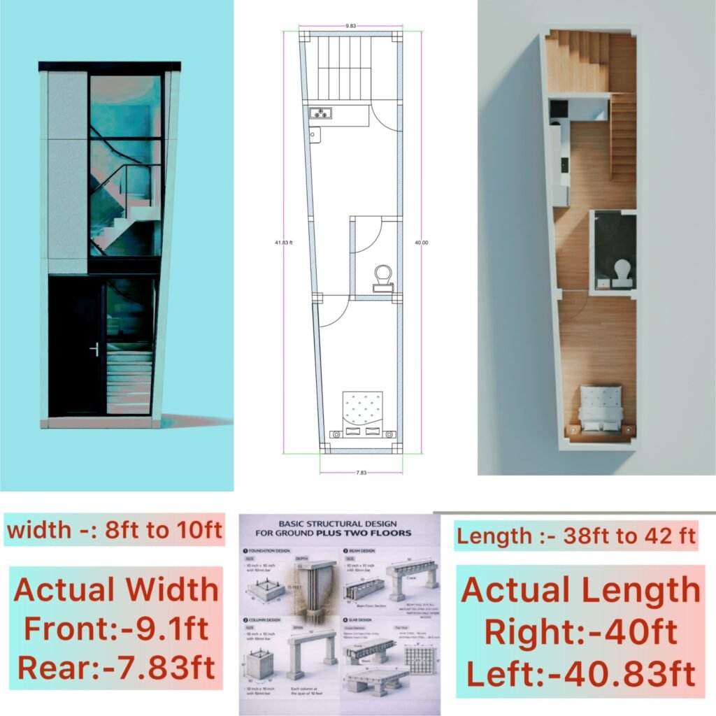 “10×40 house design combo (actual plot size 9.1 ft front width, 7.83 ft rear width, and 40 ft length) including 3D front elevation with modern glass-staircase façade, 2D floor plan showing bedroom, toilet, and kitchen layout, realistic 3D interior floor plan with furniture placement, and full basic structural design for Ground Plus Two Floors, all included in the ₹99 combo by Buildingo.in, ideal for narrow plots between 8 ft to 10 ft width.”