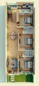 “20x55 house plan (actual 22x55 ft) 3D floor plan showing spacious living room, large dining area, three bedrooms with attached bathrooms, modular kitchen, staircase lobby with balcony access, realistic wooden flooring, modern interiors, and rectangular layout suitable for mid-size plots – Buildingo”