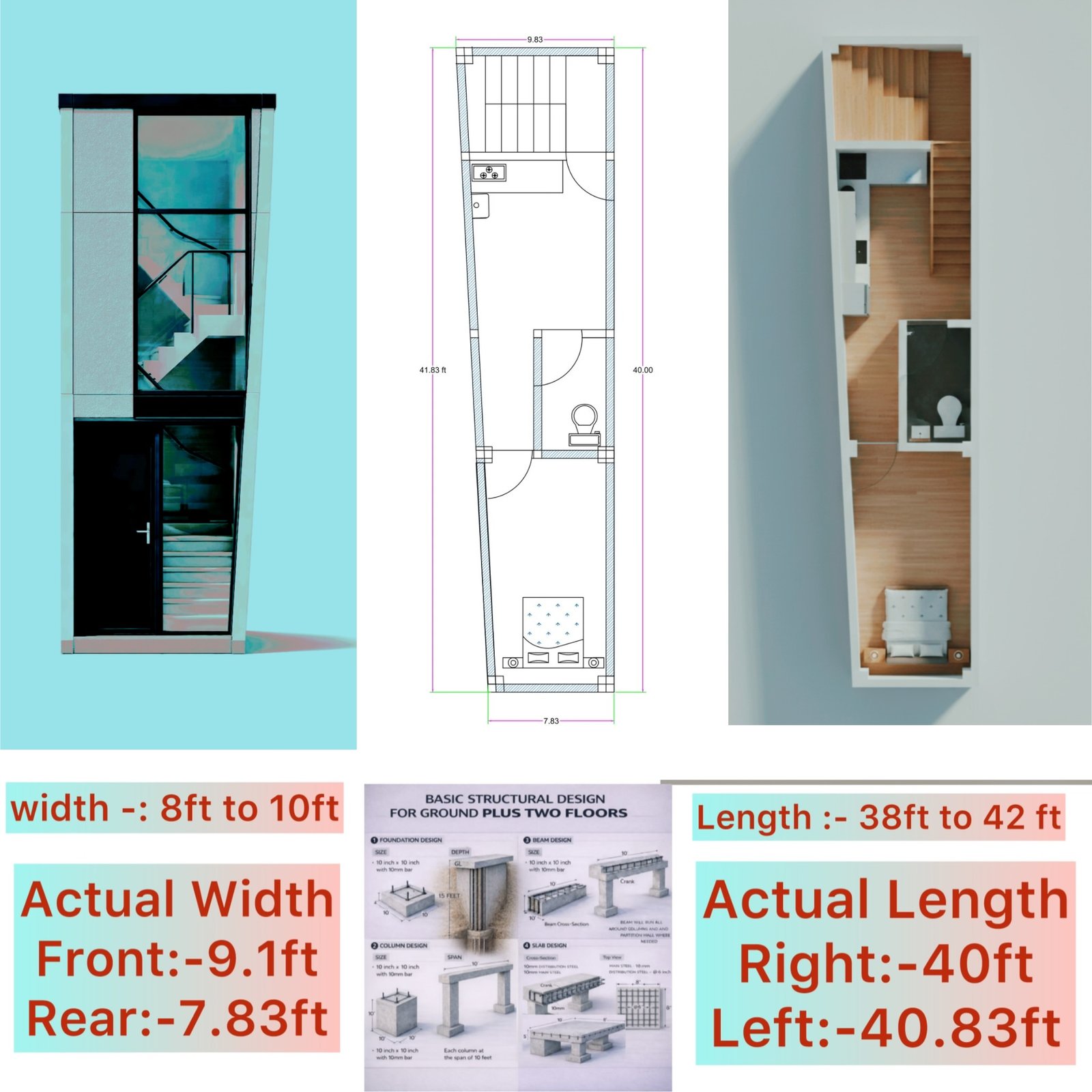 Compact 1BHK House Design on 9.1 ft Wide Plot | 40 ft Deep Narrow Ground Floor Plan