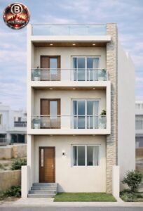 Modern 3D front elevation design of a 15x36 feet narrow plot house featuring double balconies with glass railing, wooden finish doors, stone cladding vertical panel, recessed lighting, rooftop terrace, and contemporary minimal exterior design.