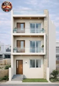 Modern 3D front elevation design of a 15x36 feet narrow plot house featuring double balconies with glass railing, wooden finish doors, stone cladding vertical panel, recessed lighting, rooftop terrace, and contemporary minimal exterior design.