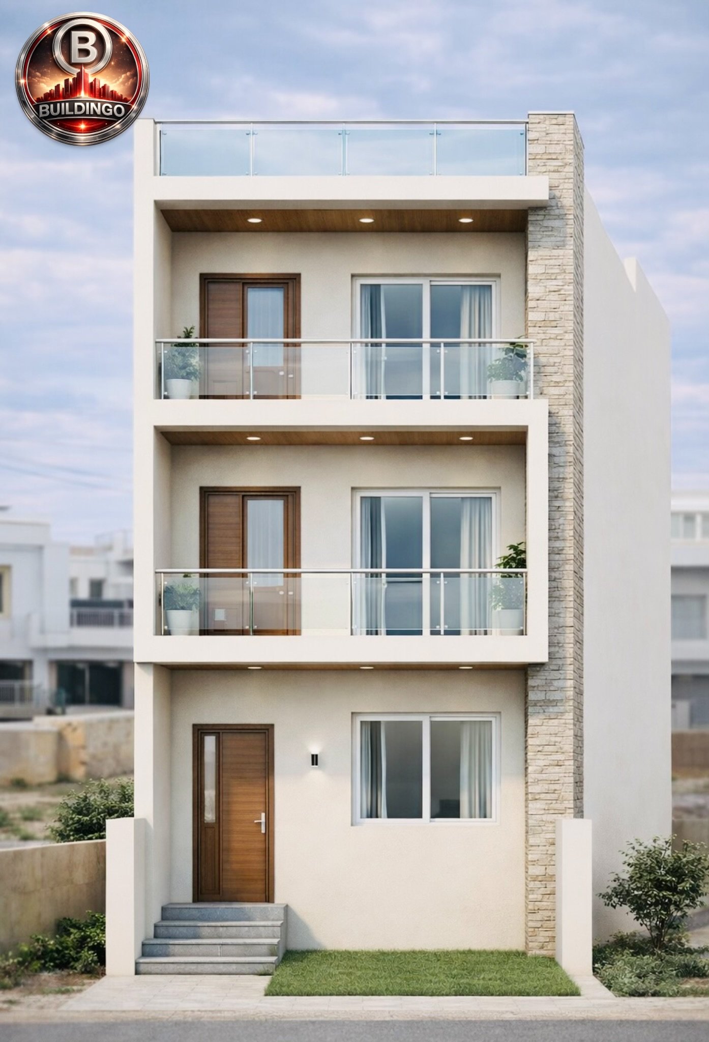 Modern 3D front elevation design of a 15x36 feet narrow plot house featuring double balconies with glass railing, wooden finish doors, stone cladding vertical panel, recessed lighting, rooftop terrace, and contemporary minimal exterior design.