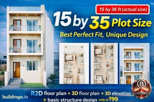 Attractive Google Discover thumbnail showing large modern 3D elevation on left side and smaller 2D floor plan and 3D floor plan on right side, labeled 15x35 plot size (actual 15x36), R2D floor plan + 3D floor plan + 3D elevation + basic structure design at ₹99, branding buildingo.in.