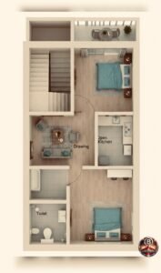 Realistic 3D floor plan rendering of a 15x27 feet compact 2BHK house layout with furnished drawing room, bedroom, open kitchen, staircase, toilet, and balcony designed for G+2 narrow plot residential construction.