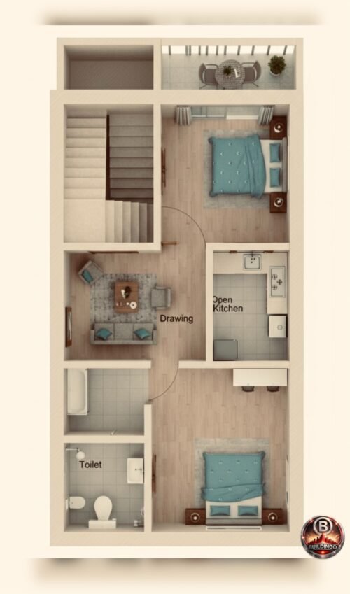 Realistic 3D floor plan rendering of a 15x27 feet compact 2BHK house layout with furnished drawing room, bedroom, open kitchen, staircase, toilet, and balcony designed for G+2 narrow plot residential construction.