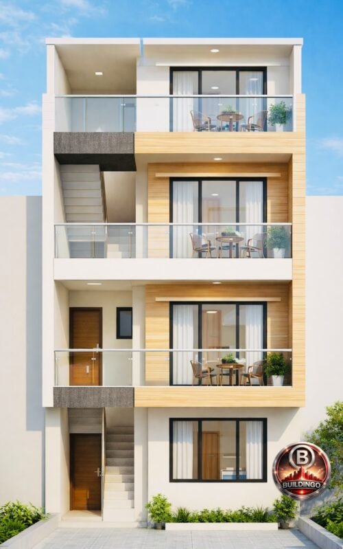 Modern G+2 three-storey front elevation design for 15x27 feet narrow plot house (adjustable to 15x30) featuring side staircase entry, glass balcony railings, wooden texture panels, bedroom window, and contemporary architectural finish.