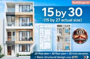 Featured promotional thumbnail showing 15x30 feet house design (15x27 actual size) with large 3D G+2 front elevation, small 2D floor plan and 3D floor plan previews, and text highlighting 2D plan, 3D plan, 3D elevation, and basic structural design at ₹99 by Buildingo.in.