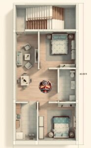 3D rendered top view interior floor plan of a 15x43 feet 2BHK house showing furnished living room, dining area, kitchen, staircase, bedroom layouts, tiled bathroom, wooden flooring, realistic lighting, and compact space planning for a G+2 narrow residential plot design.