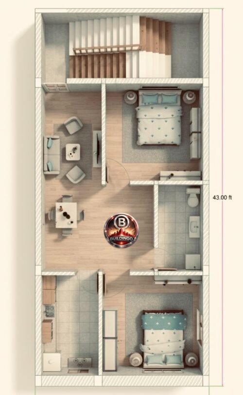 3D rendered top view interior floor plan of a 15x43 feet 2BHK house showing furnished living room, dining area, kitchen, staircase, bedroom layouts, tiled bathroom, wooden flooring, realistic lighting, and compact space planning for a G+2 narrow residential plot design.