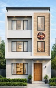 Modern G+2 3D front elevation design for 15x43 feet narrow plot house featuring right-side wooden main door, vertical staircase window, brick texture cladding, large sliding windows, contemporary façade, flat roof design, and minimalist exterior aesthetics.
