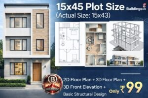 Promotional featured image of 15x45 plot size house design (actual 15x43) showing large 3D G+2 front elevation on left and smaller 2D floor plan, 3D floor plan, structural frame design, and pricing offer ₹99 from Buildingo.in.
