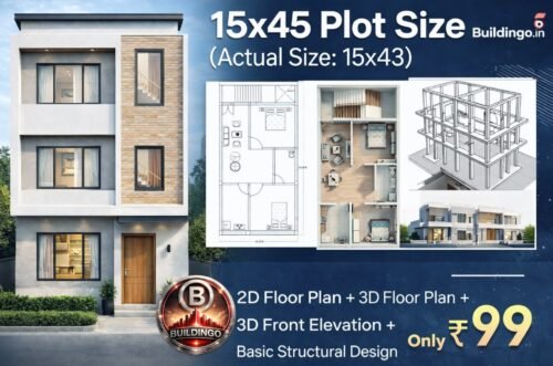 Promotional featured image of 15x45 plot size house design (actual 15x43) showing large 3D G+2 front elevation on left and smaller 2D floor plan, 3D floor plan, structural frame design, and pricing offer ₹99 from Buildingo.in.