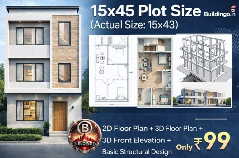 Promotional featured image of 15x45 plot size house design (actual 15x43) showing large 3D G+2 front elevation on left and smaller 2D floor plan, <a href=