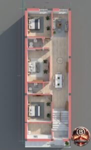 3D rendered floor plan visualization of a 15x75 feet G+2 house design showing furnished bedrooms, living area, dining space, kitchen layout, staircase, toilet, balcony, and realistic interior materials with accurate spatial arrangement.