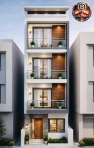 Modern 3D front elevation of a 15x75 feet G+2 residential house featuring narrow facade, balcony with glass railing, wooden cladding, large bedroom windows, ground floor entrance door, exterior lighting, and contemporary architectural styling.