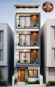 Modern 3D front elevation of a 15x75 feet G+2 residential house featuring narrow facade, balcony with glass railing, wooden cladding, large bedroom windows, ground floor entrance door, exterior lighting, and contemporary architectural styling.