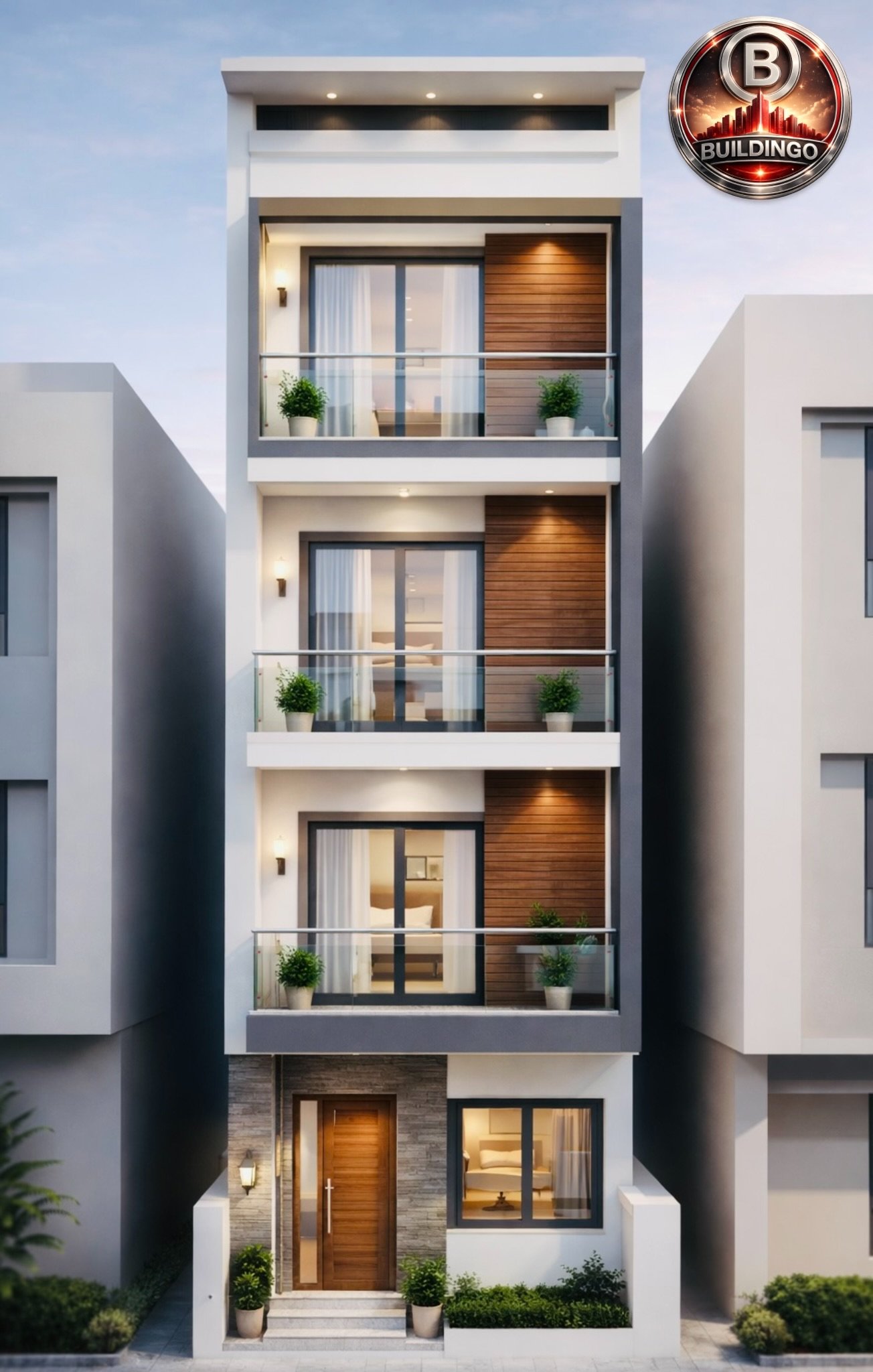 Modern 3D front elevation of a 15x75 feet G+2 residential house featuring narrow facade, balcony with glass railing, wooden cladding, large bedroom windows, ground floor entrance door, exterior lighting, and contemporary architectural styling.