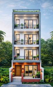 “20 feet wide modern 4-storey house front elevation (actual width 22 ft) featuring glass balconies, large sliding windows, brick texture on ground floor, premium exterior lighting, rooftop railing, plants on all balconies, contemporary straight-line architecture, grey framing, and luxury residential façade design – Buildingo”