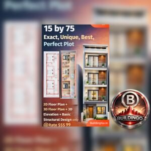 Google Discover featured thumbnail for 15x75 house plan showing large 3D front elevation on right side, small 2D and 3D floor plans on left, promotional text “15 by 75 Exact Unique Best Perfect Plot” and offer including 2D plan, 3D plan, 3D elevation, and structural design.