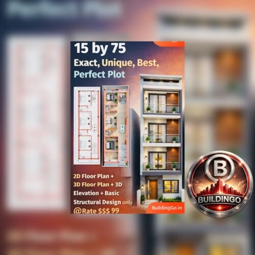 Google Discover featured thumbnail for 15x75 house plan showing large 3D front elevation on right side, small 2D and 3D floor plans on left, promotional text “15 by 75 Exact Unique Best Perfect Plot” and offer including 2D plan, 3D plan, 3D elevation, and structural design.