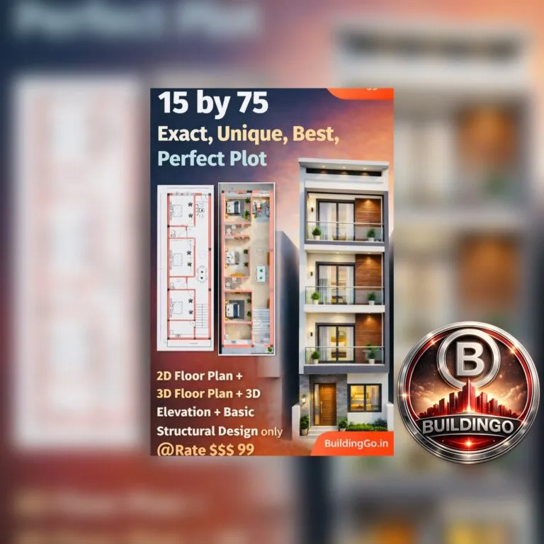 Google Discover featured thumbnail for 15x75 house plan showing large 3D front elevation on right side, small 2D and 3D floor plans on left, promotional text “15 by 75 Exact Unique Best Perfect Plot” and offer including 2D plan, 3D plan, 3D elevation, and structural design.