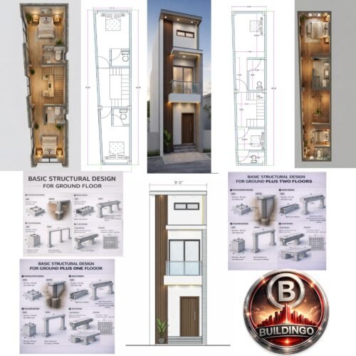 “99 rupees house design combo including complete 2D floor plan, rendered 3D floor plan, modern 3D front elevation, and basic structural design for ground floor, G+1 and G+2 floors; includes measurements, layouts, reinforcement details, column-beam-slab design, compact narrow house facade, 9-foot front small plot elevation, and Buildingo premium combo package”