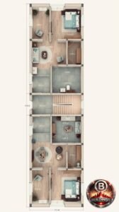 Realistic 3D floor plan rendering of a 15x85 narrow residential plot showing two 2BHK flats with furnished bedrooms, living rooms, kitchen layout, staircase block, half ground floor parking area, tiled bathrooms, wooden flooring, and spatial interior visualization for G+2 construction.