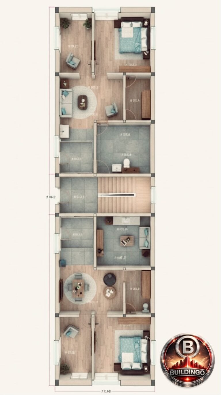 Realistic 3D floor plan rendering of a 15x85 narrow residential plot showing two 2BHK flats with furnished bedrooms, living rooms, kitchen layout, staircase block, half ground floor parking area, tiled bathrooms, wooden flooring, and spatial interior visualization for G+2 construction.