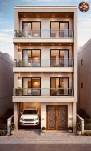 Modern G+2 3D front elevation design for 15x85 narrow residential plot featuring half ground floor parking, decorative main entrance door, balcony with glass railing on first and second floor, large bedroom windows, small kitchen windows, wooden ceiling highlights, and contemporary urban facade styling.