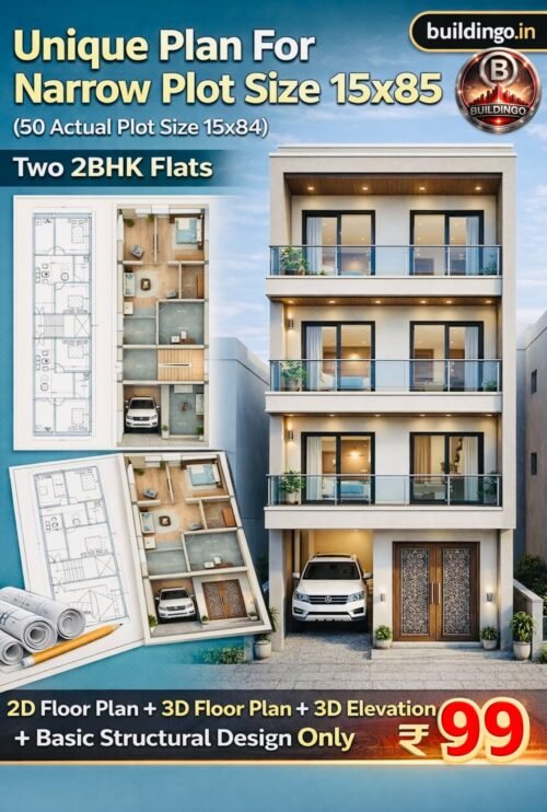 Google Discover featured thumbnail image showing 15x85 narrow plot house design with large G+2 modern front elevation on right side and small 2D and 3D floor plan previews on left side, highlighting two 2BHK flats, parking area, structural design offer at ₹99, and branding text buildingo.in.