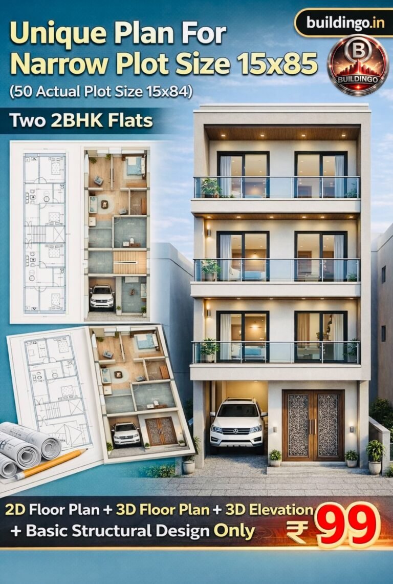 Google Discover featured thumbnail image showing 15x85 narrow plot house design with large G+2 modern front elevation on right side and small 2D and <a href=