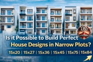 Modern G+2 and G+3 narrow house designs for 15 feet wide plots including 15x20, 15x27, 15x36, 15x45, 15x75 and 15x84 feet configurations, showing multiple 3D front elevations aligned side by side with architectural floor plan background, demonstrating how perfect house designs can be built on narrow plots with optimized space planning, structural column grid system, balcony projections, glass railings, parking provision, and vertical circulation. The image visually explains the concept of building strong and aesthetically attractive homes on 15 feet wide narrow land using scientific civil engineering principles, RCC framed structure, pile foundation, beam-column system and G+2 / G+3 construction strategy across different plot depths.