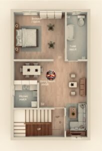 Realistic 3D floor plan rendering of a 15x25 house (16.5x24 actual size) showing furnished interior layout with bedroom, attached toilet, dining area, kitchen, drawing room, staircase, furniture placement, flooring details, and realistic lighting visualization for G+2 residential structure.