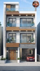 Modern G+2 3D front elevation design for 15x25 plot (actual 16.5x24 ft) featuring glass balcony railings, wooden cladding panels, grey stone texture finish, recessed lighting, car parking space, main entrance double door, and contemporary facade architecture suitable for urban residential construction.