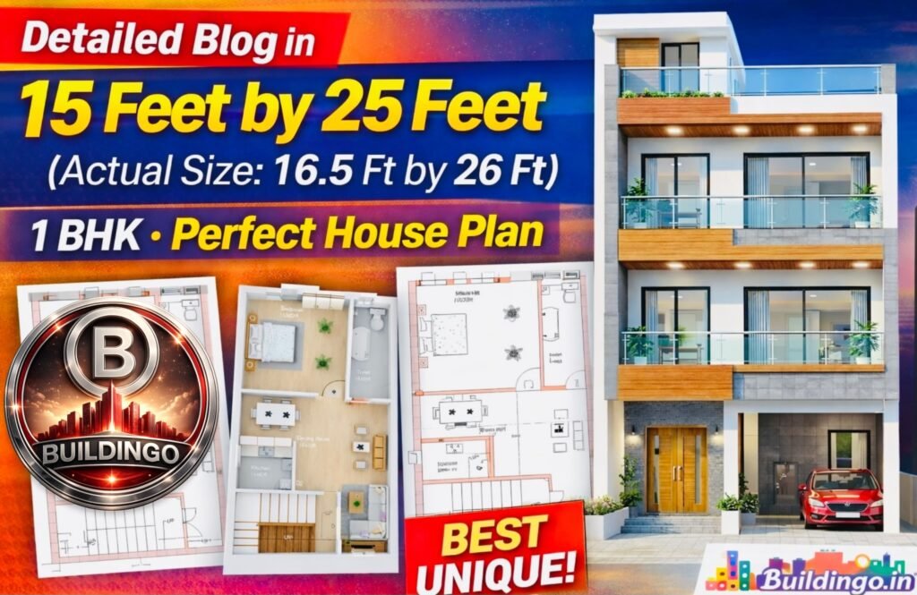 Modern 15x25 house plan (actual size 16.5x24–26 ft) showing complete G+2 residential structure with parking on ground floor, staircase core, 1BHK first floor layout, 3D floor plan visualization, and contemporary front elevation design. The structural grid highlights approximately 8 RCC columns (10x10 inches), 15 feet deep pile foundation concept, plinth beam connection, 4–5 inch slab thickness, 10 inch exterior walls, 5 inch interior partitions, and reinforced concrete detailing with 10mm to 12mm bars spaced at 6 inches center to center. The image represents a compact narrow urban plot house designed for vertical expansion, rental income potential, and modern small plot construction in India. Includes architectural 2D layout, realistic 3D interior planning, and structural design concept suitable for G+2 residential building.