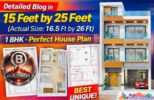 Modern 15x25 house plan (actual size 16.5x24–26 ft) showing complete G+2 residential structure with parking on ground floor, staircase core, 1BHK first floor layout, 3D floor plan visualization, and contemporary front elevation design. The structural grid highlights approximately 8 RCC columns (10x10 inches), 15 feet deep pile foundation concept, plinth beam connection, 4–5 inch slab thickness, 10 inch exterior walls, 5 inch interior partitions, and reinforced concrete detailing with 10mm to 12mm bars spaced at 6 inches center to center. The image represents a compact narrow urban plot house designed for vertical expansion, rental income potential, and modern small plot construction in India. Includes architectural 2D layout, realistic 3D interior planning, and structural design concept suitable for G+2 residential building.